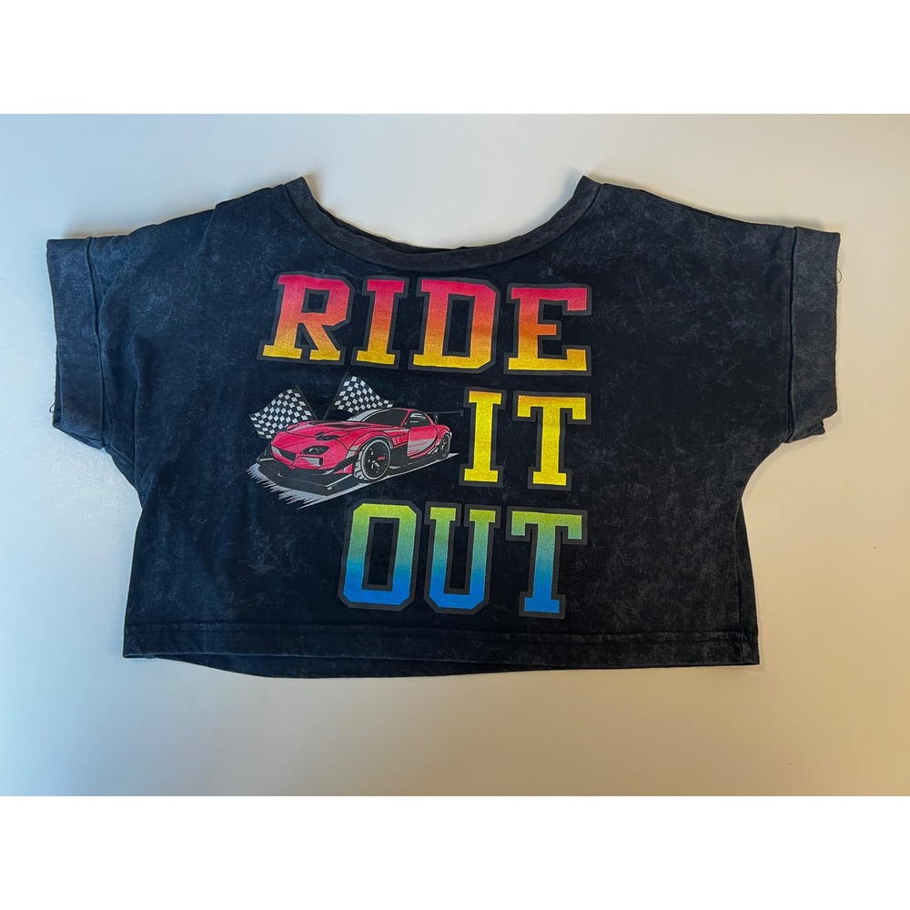 Ride It Out Graphic Crop Top Black Acid Wash Car Racing Checkered Flags Sz M
